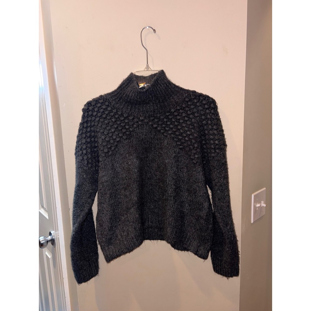 Free People Charcoal Grey Mock Neck Popcorn Stitch Fuzzy Knit Sweater Medium